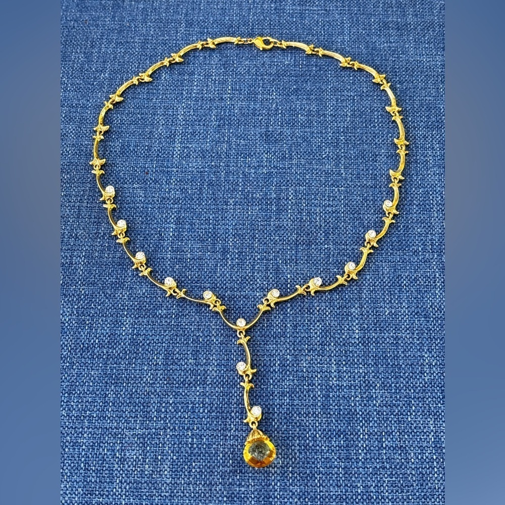 Vintage Gold Tone Necklace With Crystal Accents and Golden Crystal Drop 16”